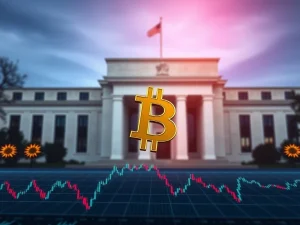 A chart showing a dip in Bitcoin price, set against the backdrop of the Federal Reserve building, illustrating market reaction to interest rate decisions.