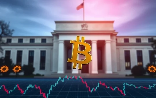 A chart showing a dip in Bitcoin price, set against the backdrop of the Federal Reserve building, illustrating market reaction to interest rate decisions.