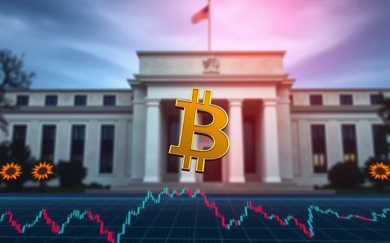 A chart showing a dip in Bitcoin price, set against the backdrop of the Federal Reserve building, illustrating market reaction to interest rate decisions.