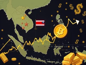 A chart showing a significant drop in Bitcoin price, set against a backdrop of geopolitical tensions and market uncertainty, highlighting the impact of global events on the crypto market.