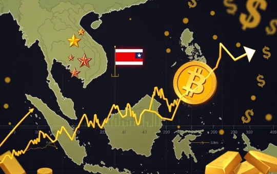 A chart showing a significant drop in Bitcoin price, set against a backdrop of geopolitical tensions and market uncertainty, highlighting the impact of global events on the crypto market.
