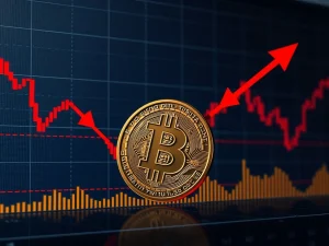 A visual representation of the Bitcoin price facing intense selling pressure, with indicators pointing to a potential drop below key support levels.