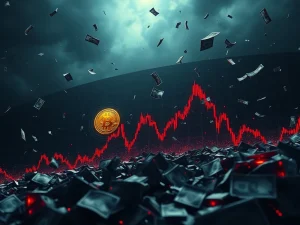 A stark visual of a Bitcoin chart plummeting, symbolizing the recent Bitcoin price drop and significant crypto liquidations.