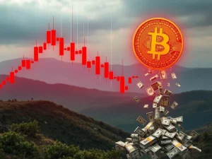 A red candlestick chart showing a significant Bitcoin price drop, illustrating the impact of crypto liquidations on the market.