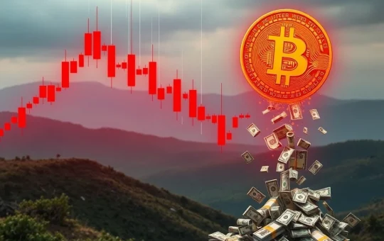 A red candlestick chart showing a significant Bitcoin price drop, illustrating the impact of crypto liquidations on the market.