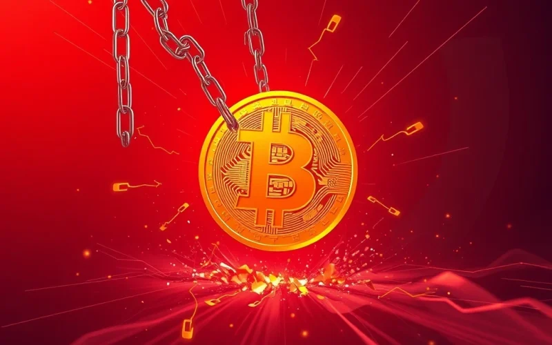 A visual representation of Bitcoin's price falling, symbolizing potential crypto liquidations and market instability.