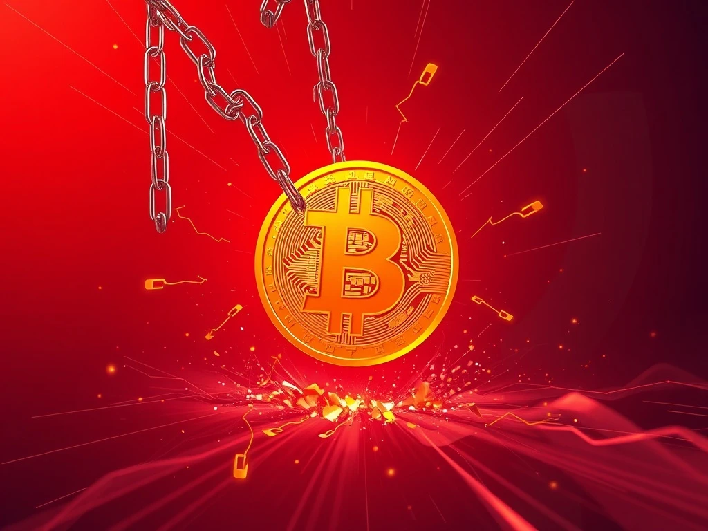 A visual representation of Bitcoin's price falling, symbolizing potential crypto liquidations and market instability.