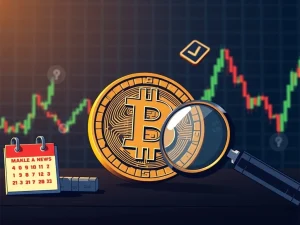 Bitcoin price chart showing volatility, with economic indicators hinting at upcoming macro events influencing the market.