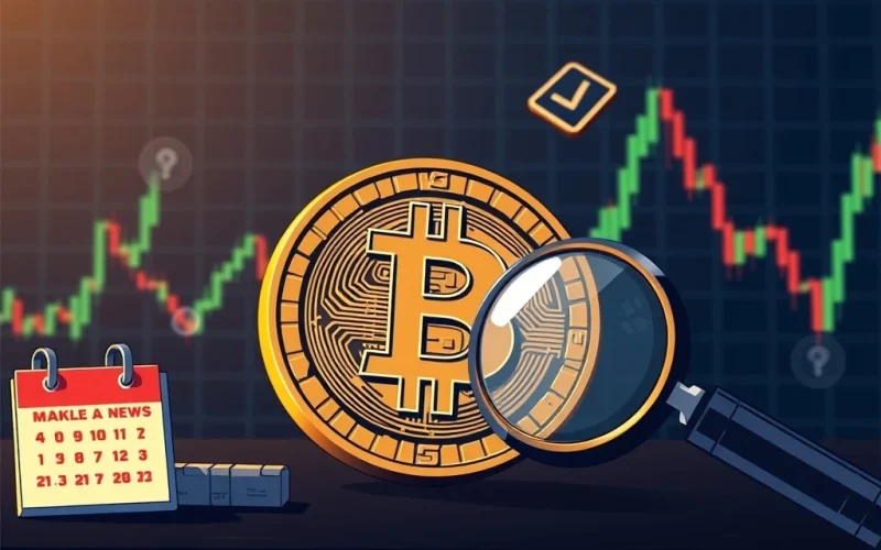 Bitcoin price chart showing volatility, with economic indicators hinting at upcoming macro events influencing the market.