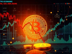A visual representation of the Bitcoin price experiencing a dip, highlighting market volatility and the impact of global economic uncertainty.