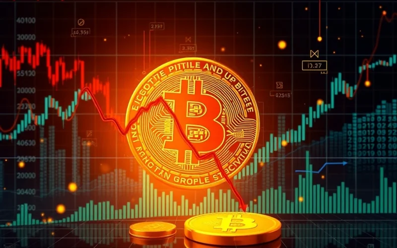A visual representation of the Bitcoin price experiencing a dip, highlighting market volatility and the impact of global economic uncertainty.
