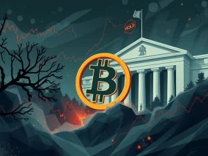 Turbulent crypto market reacting to Fed interest rates hold, showing Bitcoin price volatility.