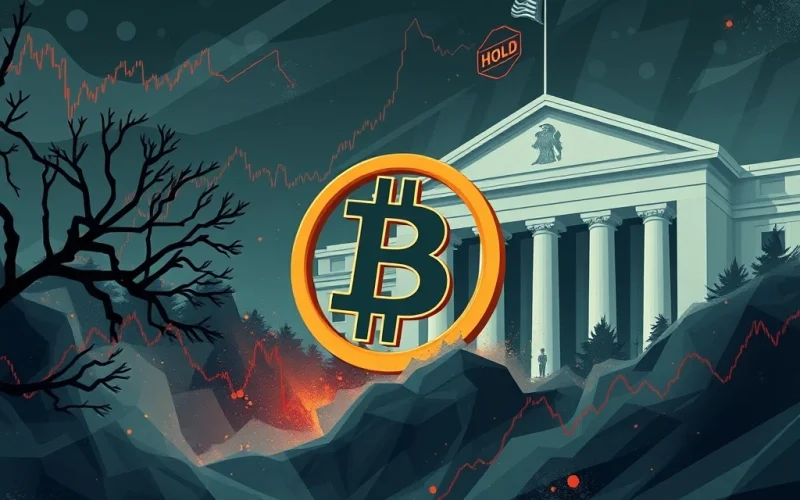 Turbulent crypto market reacting to Fed interest rates hold, showing Bitcoin price volatility.