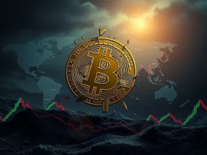 A digital chart showing a sharp decline in Bitcoin price, representing significant market volatility and investor concern due to recent geopolitical events and large liquidations.