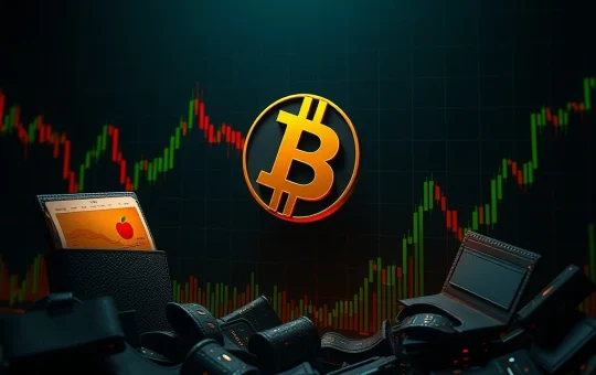 A digital chart showing a sharp decline in Bitcoin price, representing significant market volatility and investor concern due to recent geopolitical events and large liquidations.