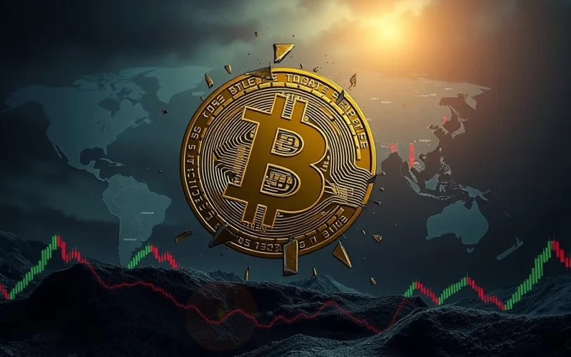 A digital chart showing a sharp decline in Bitcoin price, representing significant market volatility and investor concern due to recent geopolitical events and large liquidations.