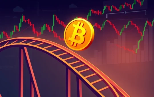 A visual representation of the volatile Bitcoin price, showing a downward trend with a hint of future uncertainty, reflecting potential BTC correction.