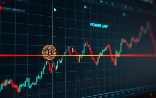 A chart illustrating Bitcoin's price trajectory nearing a critical resistance level, highlighting the Power Law model's warning for BTC price.