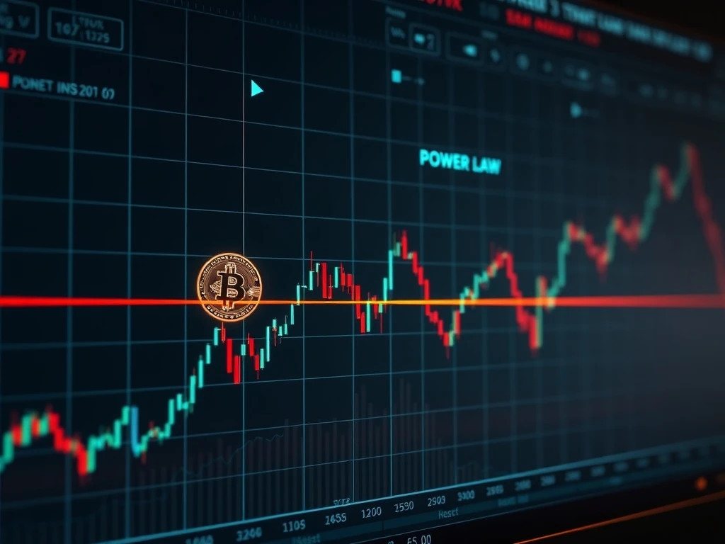 A chart illustrating Bitcoin's price trajectory nearing a critical resistance level, highlighting the Power Law model's warning for BTC price.