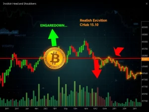 Bitcoin price chart showing inverse H&S neckline retest. Critical juncture for bullish breakout or bearish breakdown in Bitcoin technical analysis.