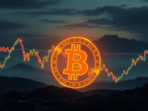 A chart showing Bitcoin's price trajectory with an arrow pointing down, overlaid with indicators like IBCI and RSI, symbolizing Bitcoin price risk and market caution.