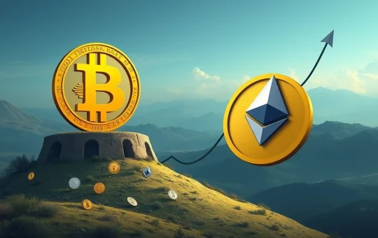 A visual representation of Bitcoin's price stability amidst altcoin volatility, with Ethereum gaining market share, illustrating current crypto market dynamics.