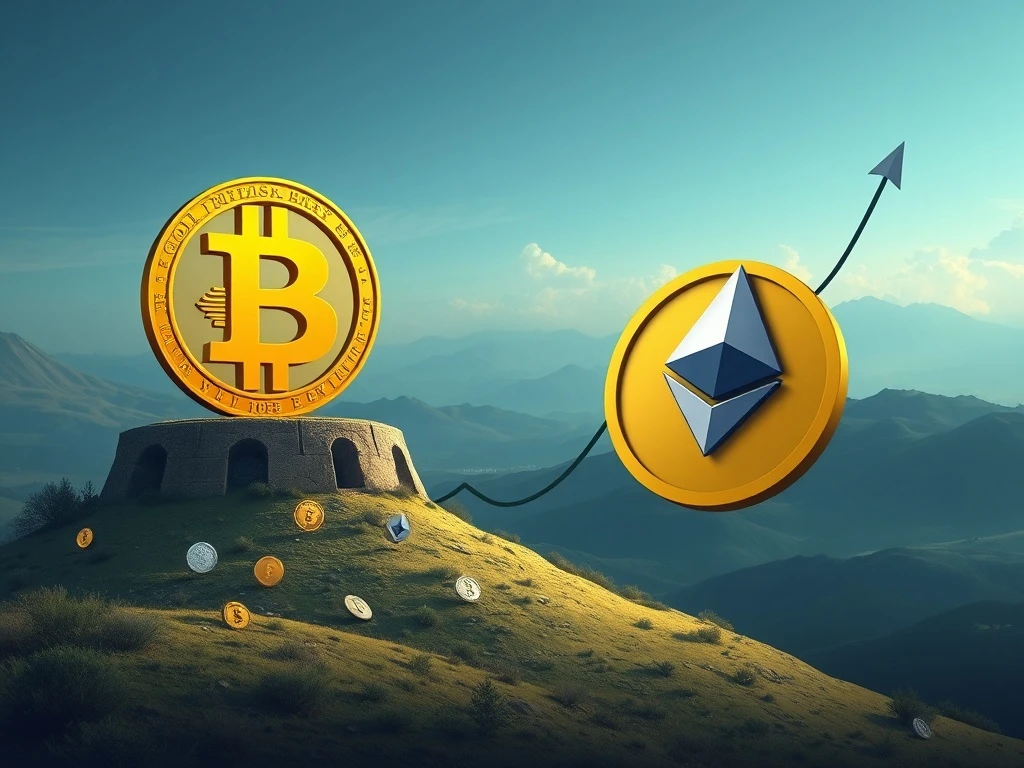 A visual representation of Bitcoin's price stability amidst altcoin volatility, with Ethereum gaining market share, illustrating current crypto market dynamics.