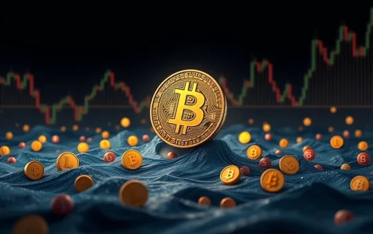 A digital illustration depicting the Bitcoin price holding steady above a volatile sea of struggling altcoins, reflecting current crypto market trends.