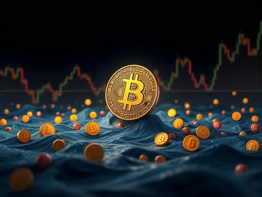 A digital illustration depicting the Bitcoin price holding steady above a volatile sea of struggling altcoins, reflecting current crypto market trends.