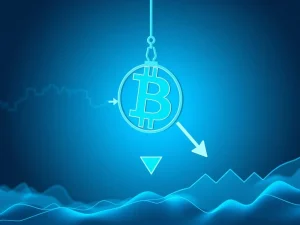 A chart showing a sharp Bitcoin price drop, indicating a potential retest of a critical support level.