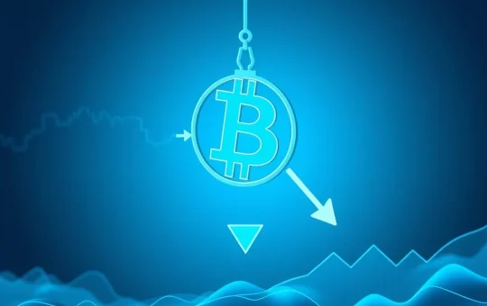 A chart showing a sharp Bitcoin price drop, indicating a potential retest of a critical support level.
