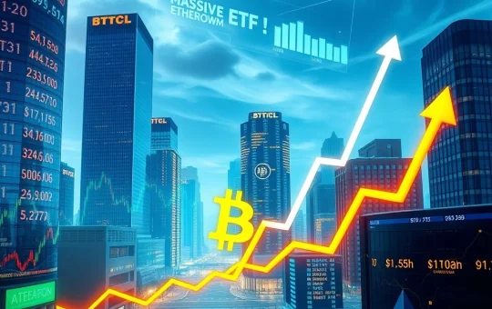 Charts showing Bitcoin price reaching new highs and Ethereum ETF inflows, symbolizing robust institutional demand in the crypto market.