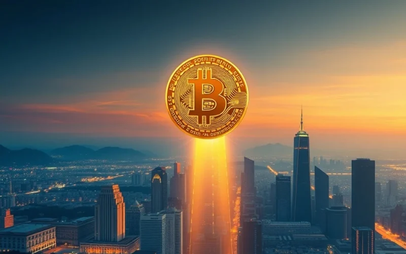 A golden Bitcoin symbol ascending, representing the recent Bitcoin price surge driven by institutional adoption and technological advancements.