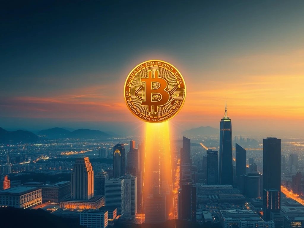 A golden Bitcoin symbol ascending, representing the recent Bitcoin price surge driven by institutional adoption and technological advancements.