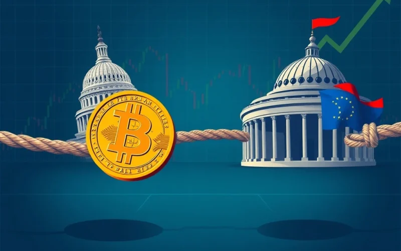 Bitcoin's price caught in a tug-of-war between US-EU trade tensions, highlighting market uncertainty and **Bitcoin price** dynamics.