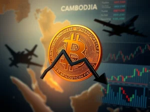 Chart showing a dramatic Bitcoin price drop, reflecting the impact of escalating Thailand-Cambodia tensions on the crypto market.
