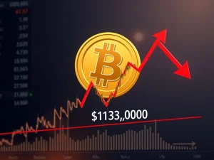 Bitcoin price chart showing a rising wedge pattern nearing a critical $113K test, signaling potential market volatility and a Bitcoin correction.