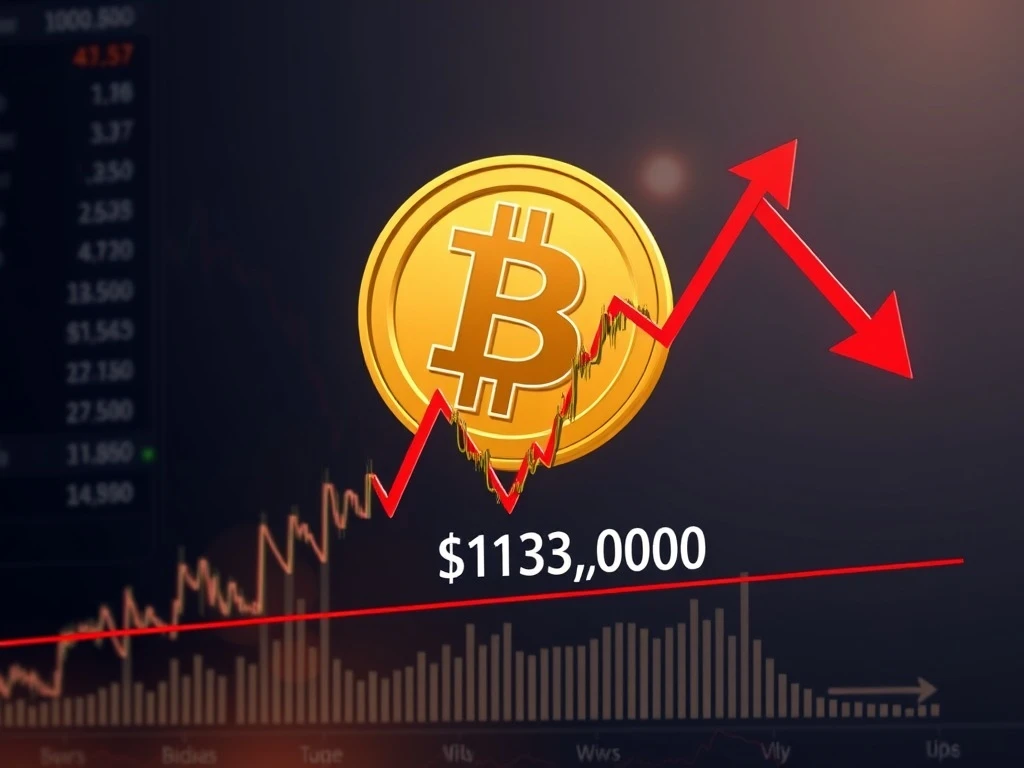 Bitcoin price chart showing a rising wedge pattern nearing a critical $113K test, signaling potential market volatility and a Bitcoin correction.