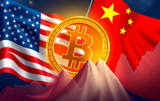 Bitcoin price soaring amidst global trade discussions, illustrating the crypto market's positive reaction to the US-China trade truce extension.
