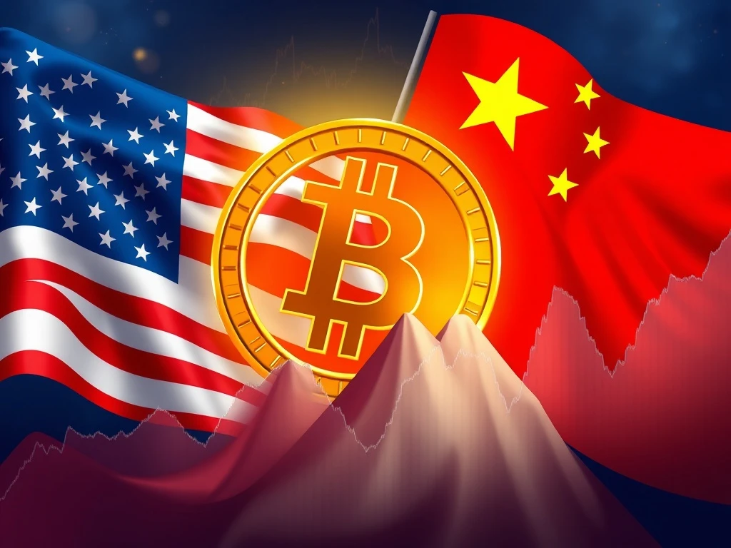 Bitcoin price soaring amidst global trade discussions, illustrating the crypto market's positive reaction to the US-China trade truce extension.