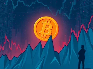 A volatile Bitcoin price chart showing a sharp decline, illustrating the urgent trader warning about an untested Bitcoin price floor.