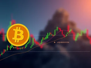 Bitcoin price chart with volatile movements approaching key liquidation zones, illustrating market uncertainty and potential for sharp swings.
