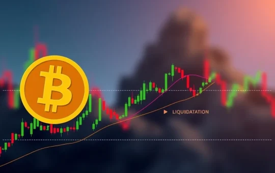Bitcoin price chart with volatile movements approaching key liquidation zones, illustrating market uncertainty and potential for sharp swings.