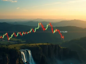Chart illustrating Bitcoin price volatility with critical $116K support, highlighting potential crypto liquidations.