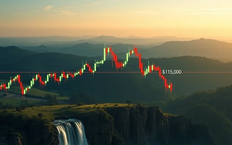 Chart illustrating Bitcoin price volatility with critical $116K support, highlighting potential crypto liquidations.