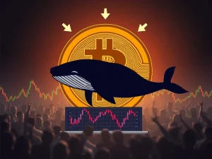 A chart showing a significant drop in Bitcoin price, with a large whale icon indicating increased selling pressure and a potential crypto correction.