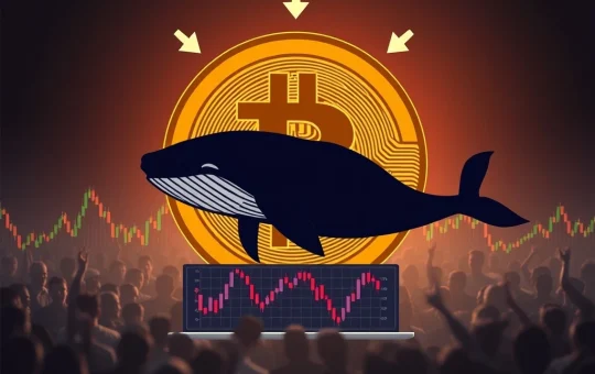 A chart showing a significant drop in Bitcoin price, with a large whale icon indicating increased selling pressure and a potential crypto correction.