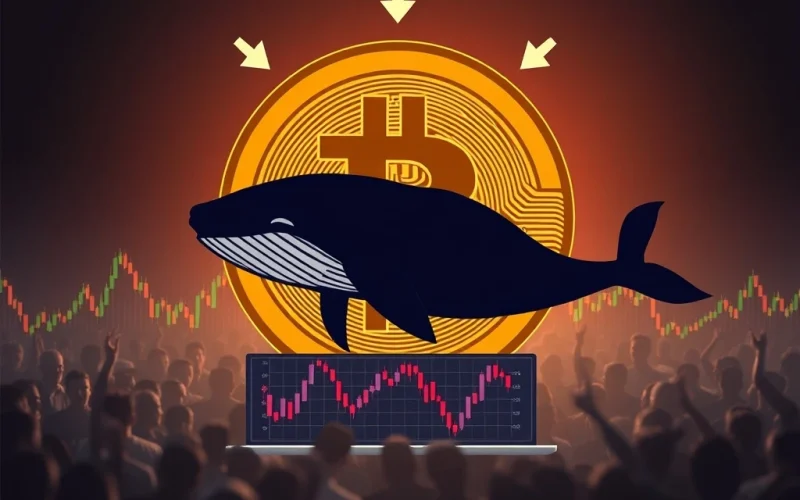 A chart showing a significant drop in Bitcoin price, with a large whale icon indicating increased selling pressure and a potential crypto correction.