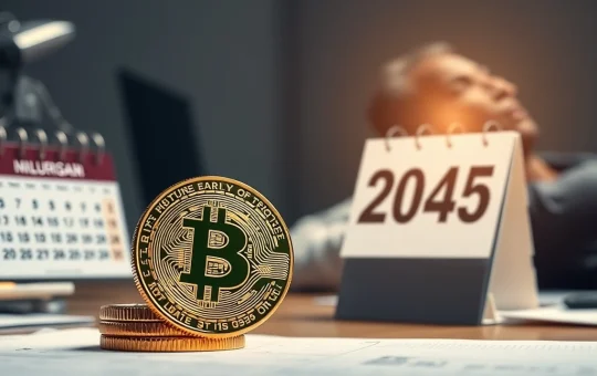 A small stack of Bitcoin coins symbolizing the potential for Bitcoin retirement by 2045, offering financial freedom.