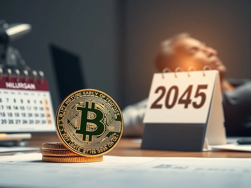 A small stack of Bitcoin coins symbolizing the potential for Bitcoin retirement by 2045, offering financial freedom.